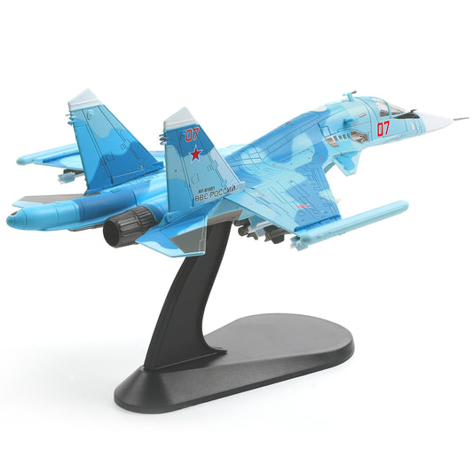 Sukhoi SU-34 Flanker 1/100 Diecast Metal Aircraft Model Kit Military Fighter Alloy Pre-Build Replica Airplane Model with Display Stand for Enthusiasts Collections or Gift
