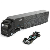 1/43 Diecast Racing Hauler Semi Truck Model with Container and Race Car - Metal Transport Collectible - Black
