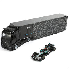 1/43 Diecast Racing Hauler Semi Truck Model with Container and Race Car - Metal Transport Collectible - Black