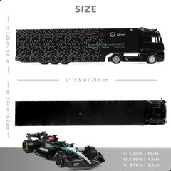 1/43 Diecast Racing Hauler Semi Truck Model with Container and Race Car - Metal Transport Collectible - Black