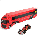 1/43 Diecast Racing Hauler Semi Truck Model with Container and Race Car - Metal Transport Collectible - Red
