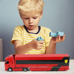 1/43 Diecast Racing Hauler Semi Truck Model with Container and Race Car - Metal Transport Collectible - Red