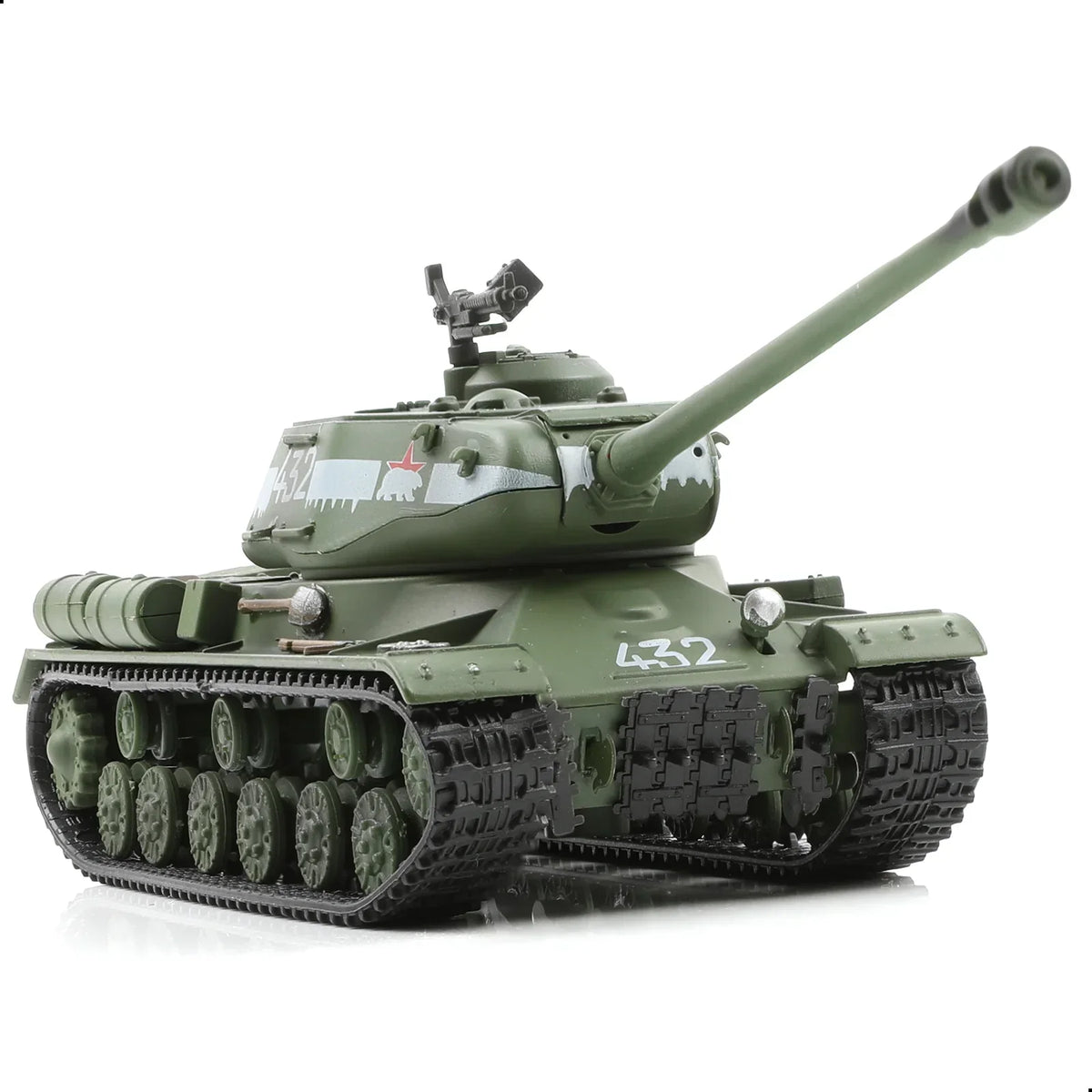 Detailed scale model of an IS-2 heavy tank in olive green with Soviet markings.
