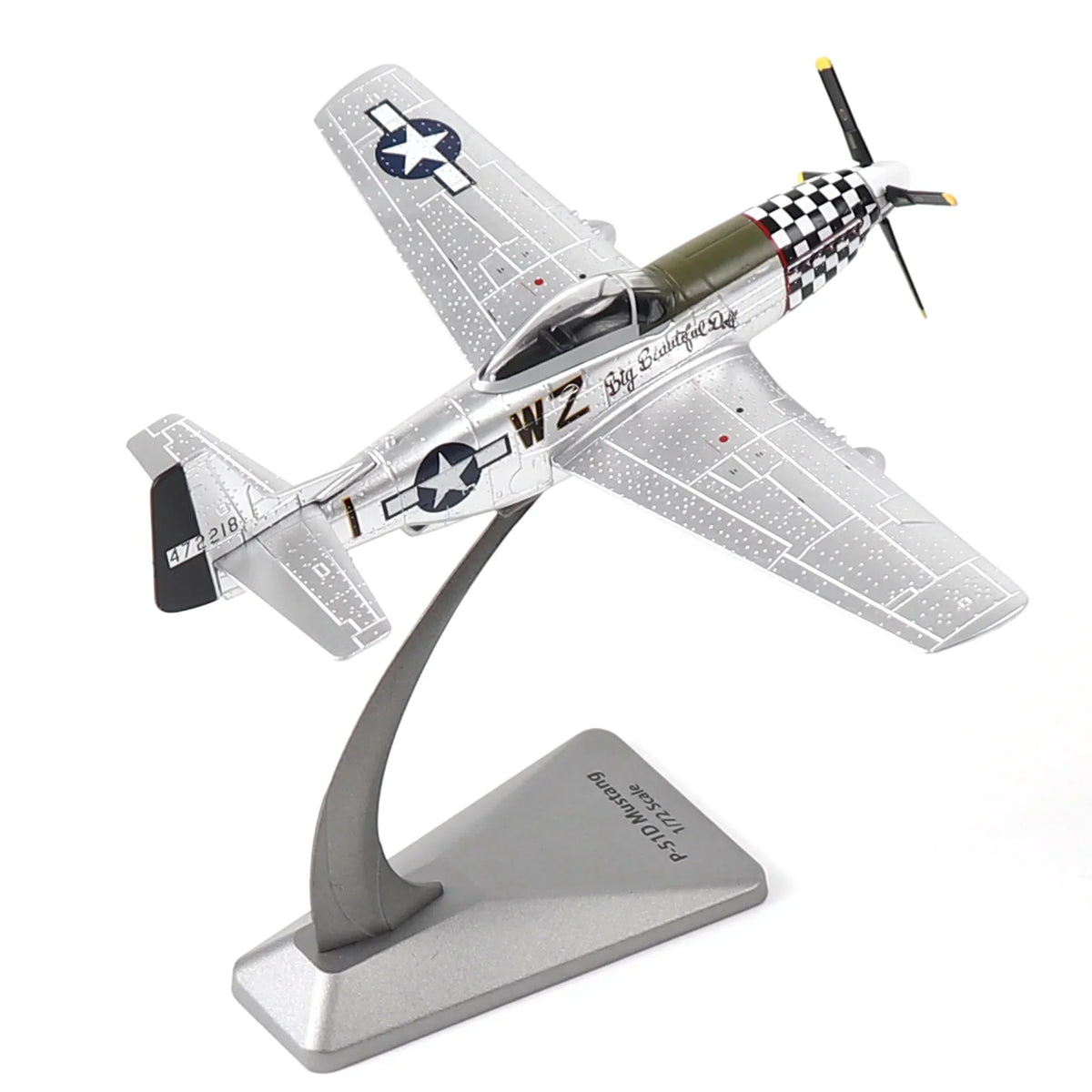 1:72 scale die-cast metal P-51 Mustang model airplane on a silver display stand