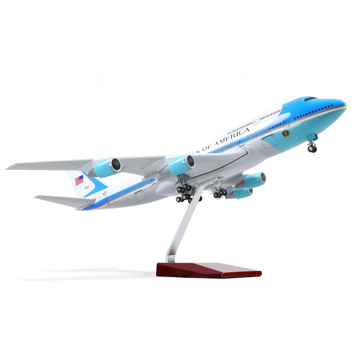 Scale model of Air Force One presidential aircraft on a display stand