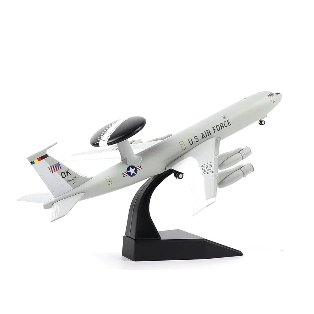 Scale model of a U.S. Air Force E-3 Sentry AWACS aircraft on a black display stand