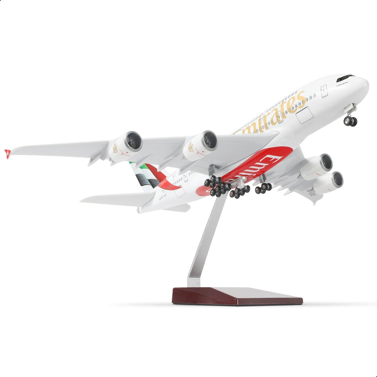 Emirates A380 passenger aircraft model on a display stand