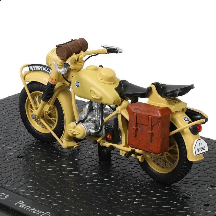 Scale model of a tan BMW R75 WWII motorcycle with brown saddlebags on a textured base