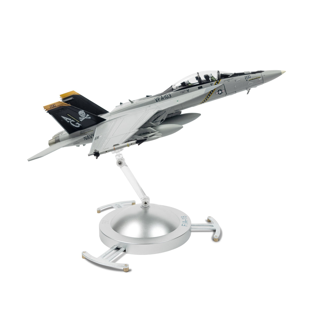 1:72 Scale F/A-18F Super Hornet die-cast metal model on a silver display stand