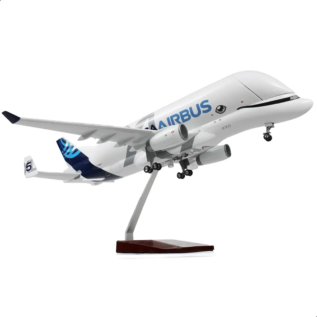 Detailed scale model of an Airbus Beluga super transporter aircraft on a display stand.