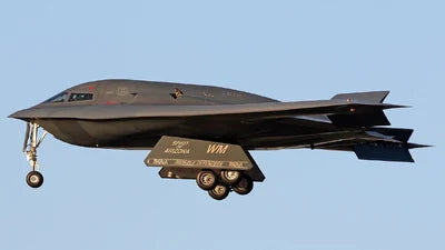 B-2 Spirit stealth bomber aircraft in flight with landing gear deployed