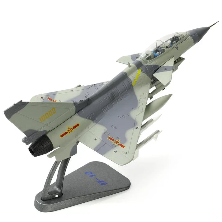 Scale model of a Chinese J-10 fighter jet in grey camouflage on a display stand