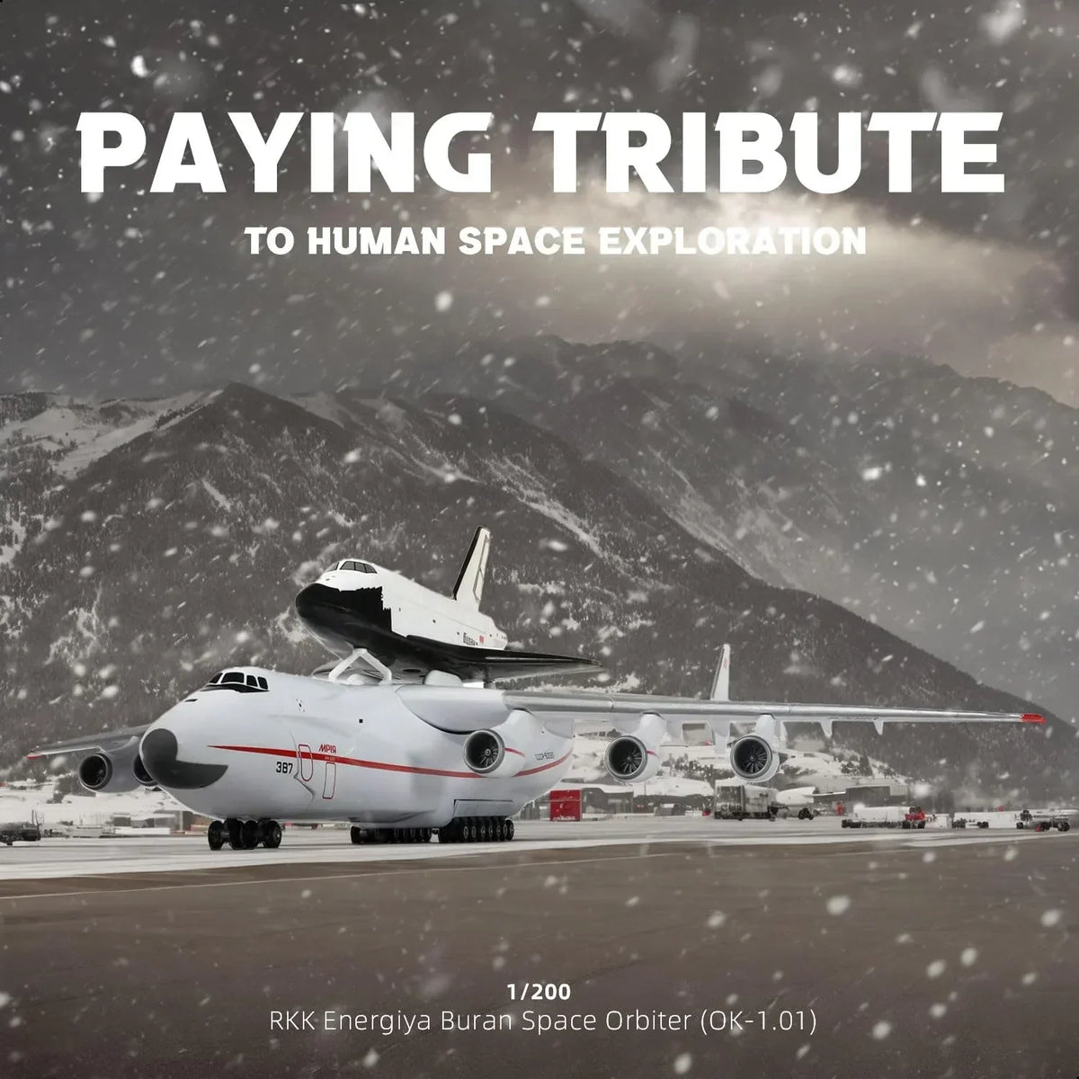 RKK Energiya Buran Space Orbiter model on a transport plane in a snowy mountain setting