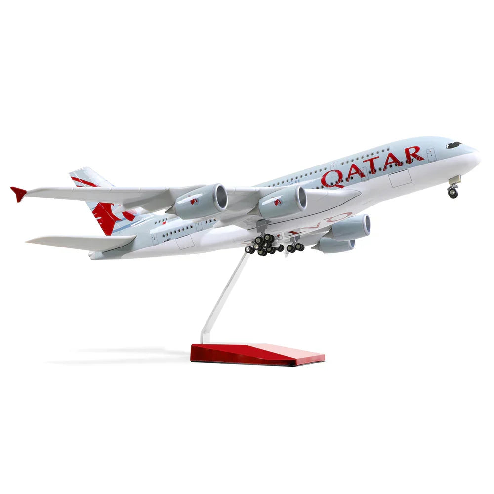 1:160 Airbus A380 Qatar Airways diecast model airplane on a display stand