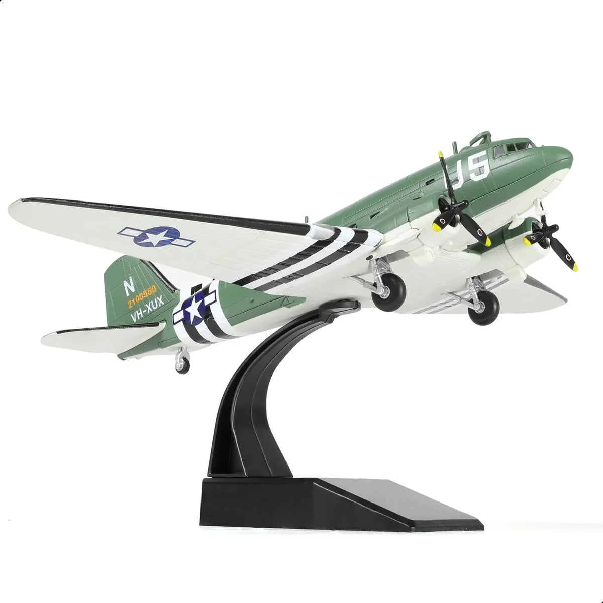 Detailed model of a Douglas C-47 Skytrain transport aircraft on a black display stand
