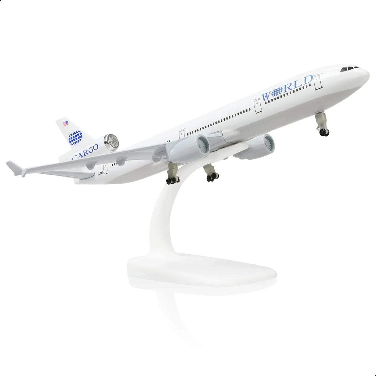 Scale model of a World Cargo commercial aircraft on a white display stand