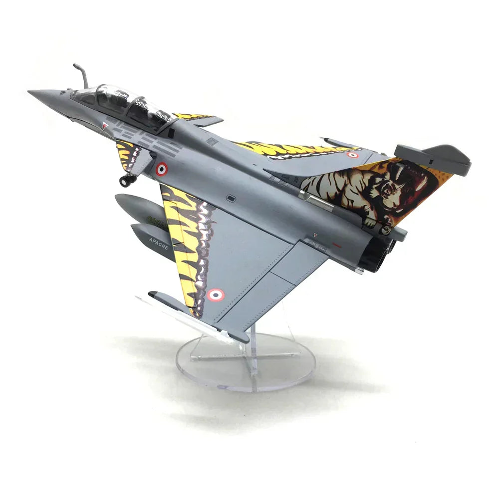 1/100 scale Dassault Rafale B diecast model with tiger livery on a clear display stand