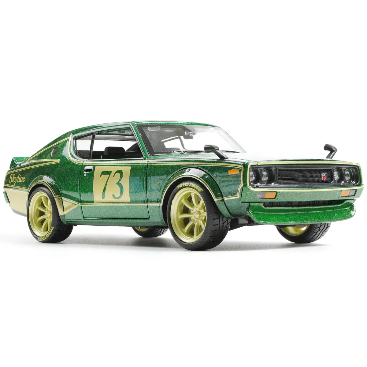 1:24 die-cast 1973 Nissan Skyline 2000GT-R KPGC110 model car in metallic green with number 73