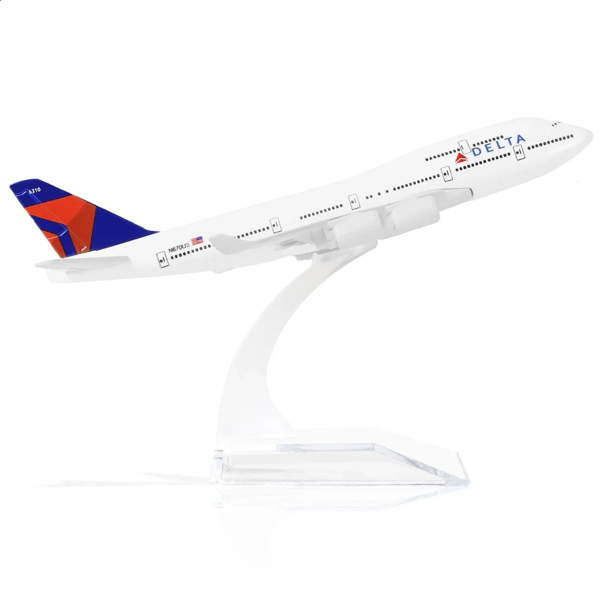 1/400 diecast metal Delta Boeing 747 aircraft model on a clear display stand