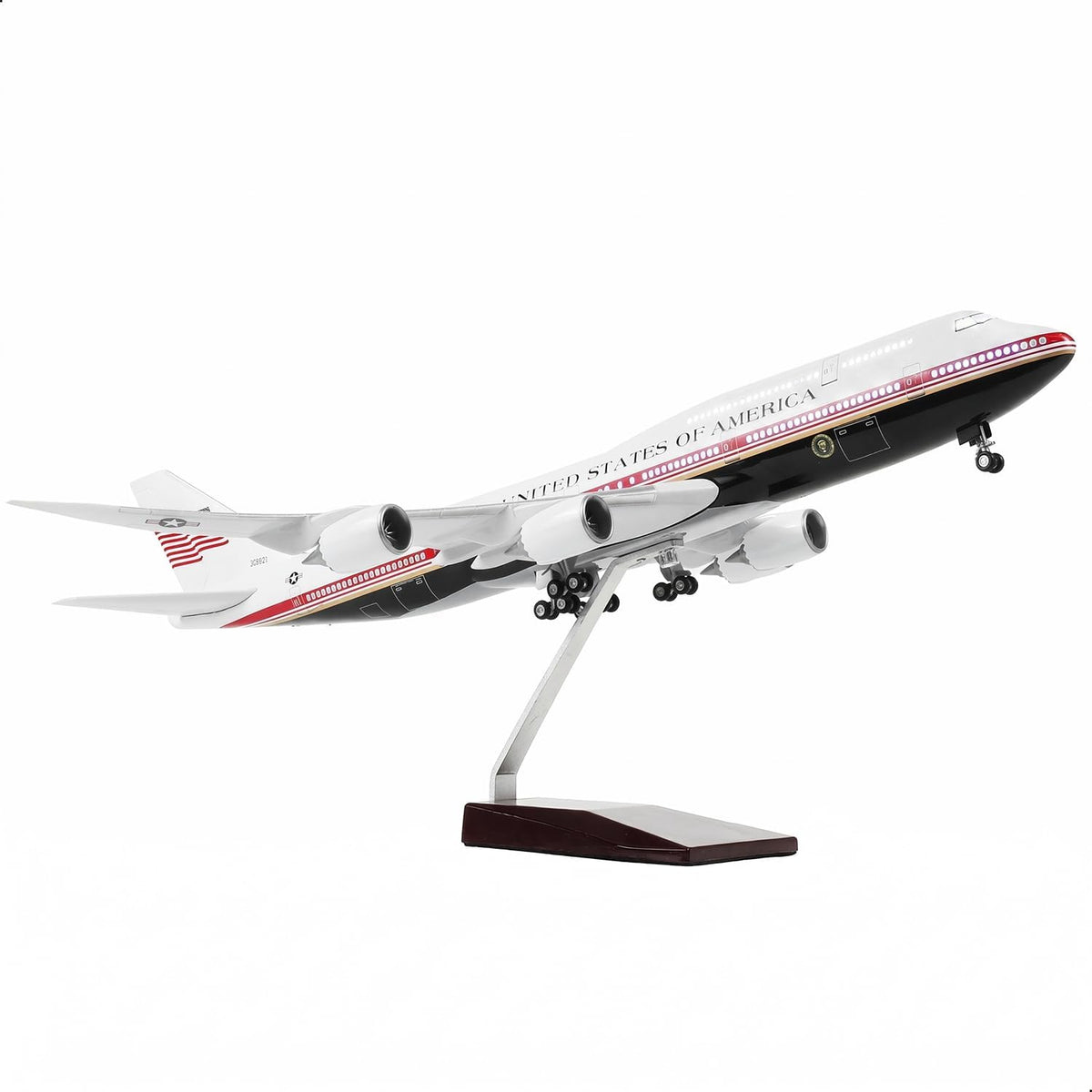 1/150 scale Boeing 747 Air Force One model airplane on a display stand