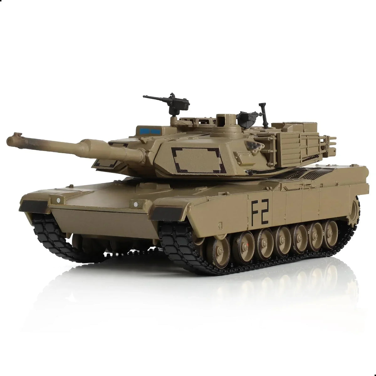 1/72 scale model of a tan U.S. M1A1 Abrams main battle tank on a white background