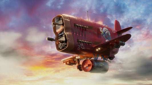 A red airplane flying through a cloudy sky