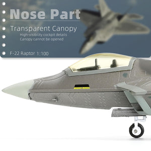 NUOTIE Model F-22 Raptor diecast metal model aircraft in gray, close-up of nose with transparent canopy