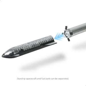 Close-up of the Starship spacecraft with a detachable fuel tank highlighted.