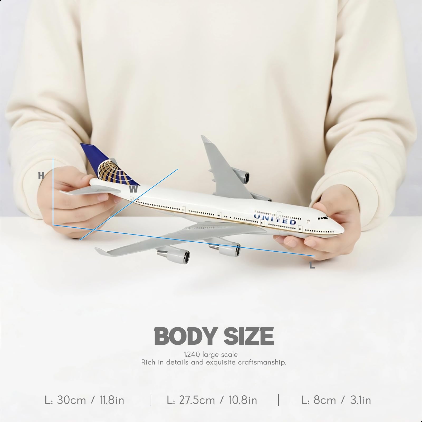 1/240 United Airlines Boeing 747 Model Plane - 30cm Resin Aircraft Kit with Display Stand - Adult Aviation Collectible