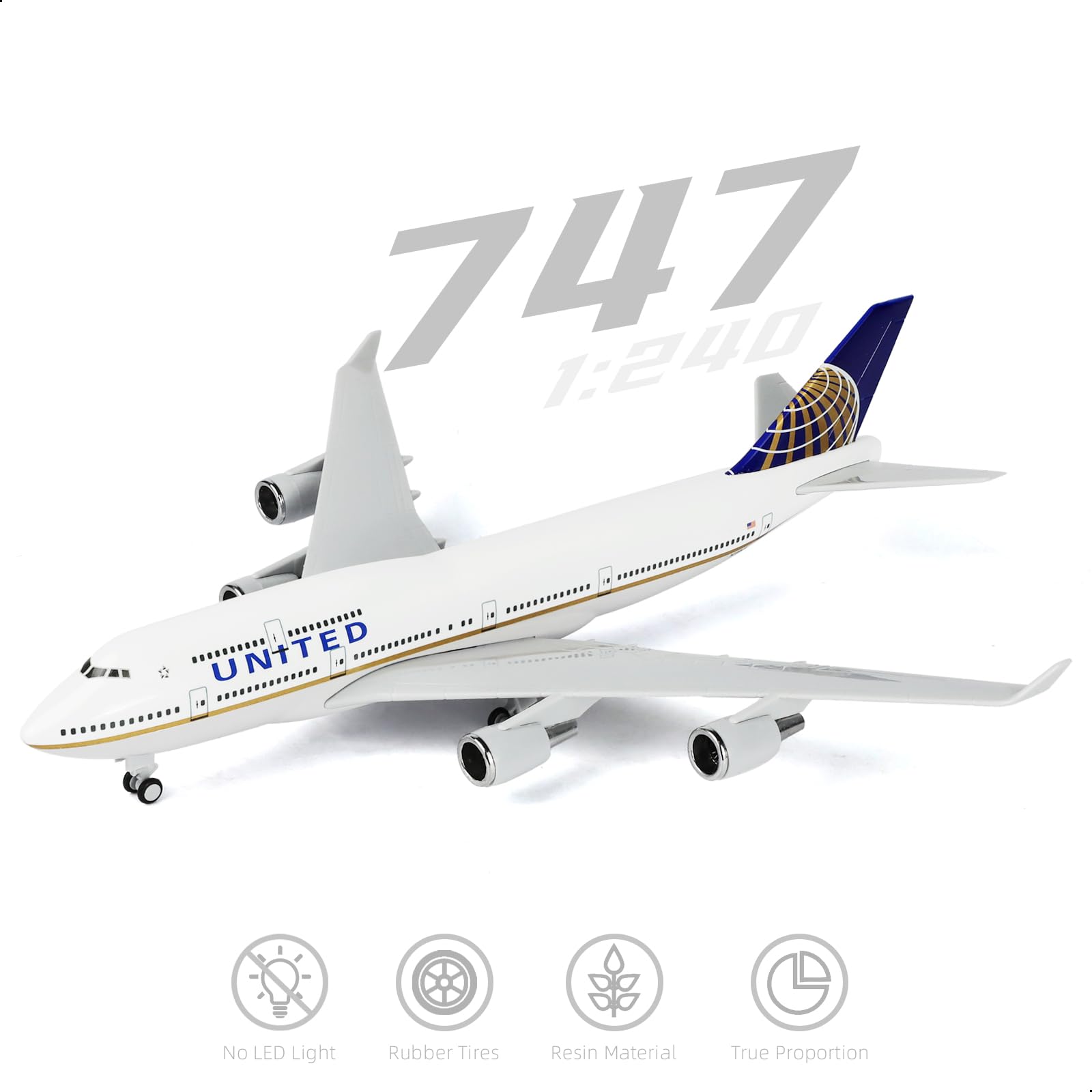 1/240 United Airlines Boeing 747 Model Plane - 30cm Resin Aircraft Kit with Display Stand - Adult Aviation Collectible