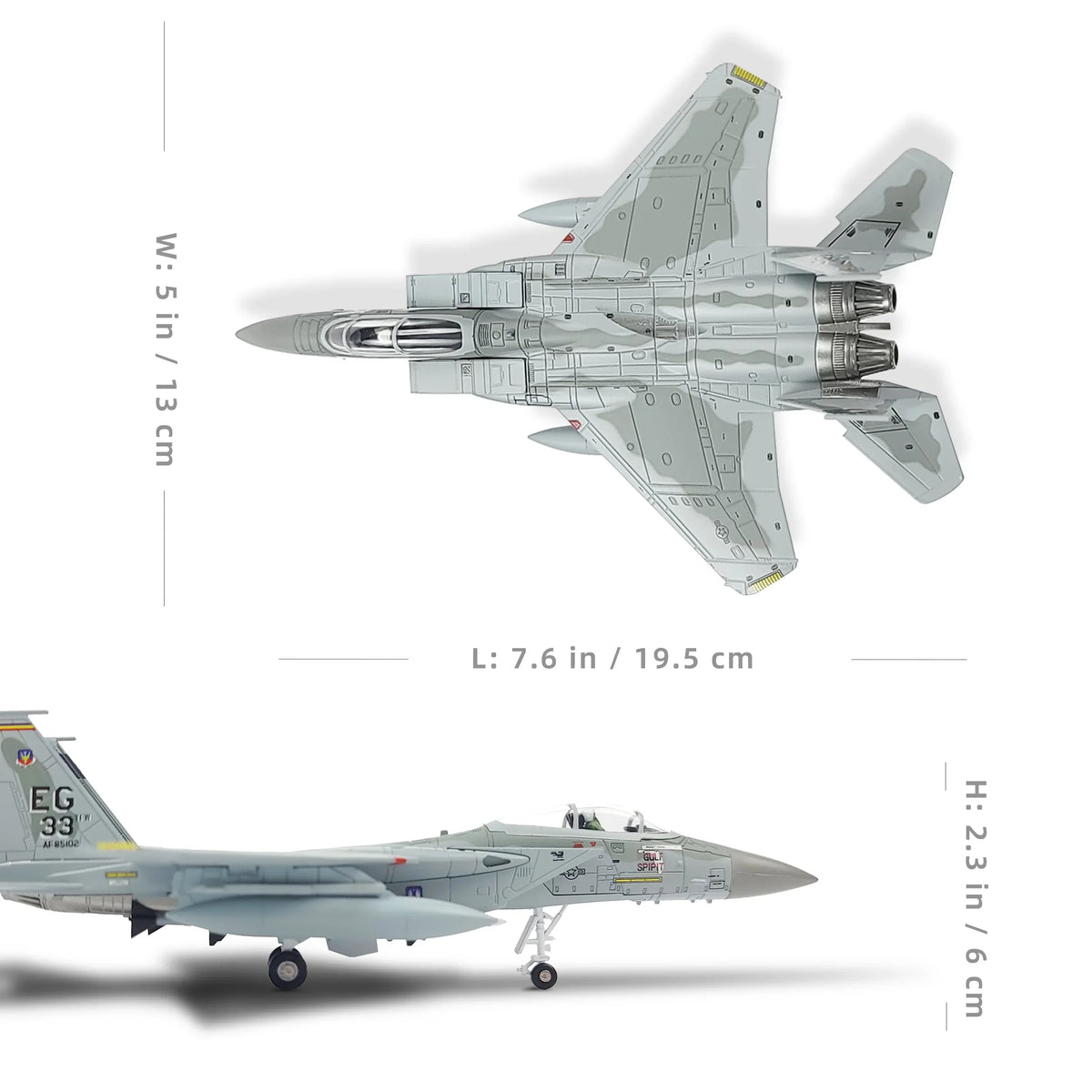 NUOTIE Model F-15C Eagle diecast metal model aircraft, dimensions shown with side view