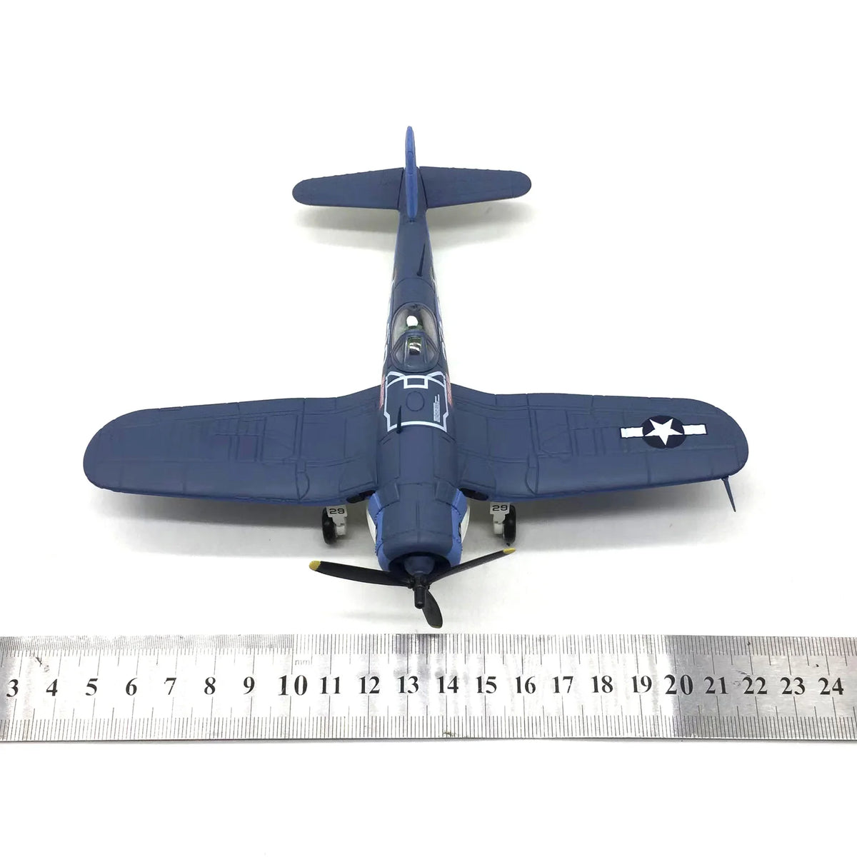 NUOTIE 1/72 Vought F4U Corsair navy diecast metal model aircraft top view with ruler for scale
