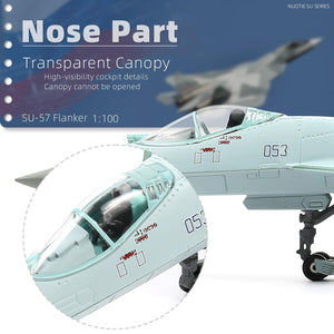 NUOTIE Sukhoi SU-57 diecast model in green with transparent canopy, close-up of nose detail