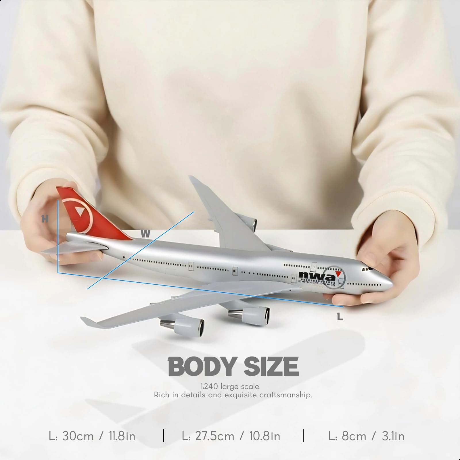 1/240 Northwest Airlines (NWA) Boeing 747 Model Plane - 30cm Resin Aircraft Kit with Display Stand - Classic Aviation Collectible