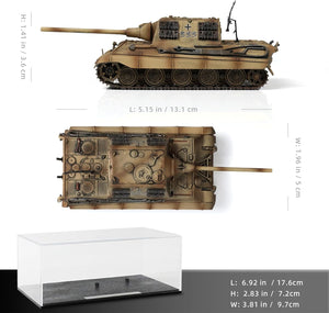 Top and side views of the WWII German Jagdtiger tank destroyer model with dimensions and a clear display case.