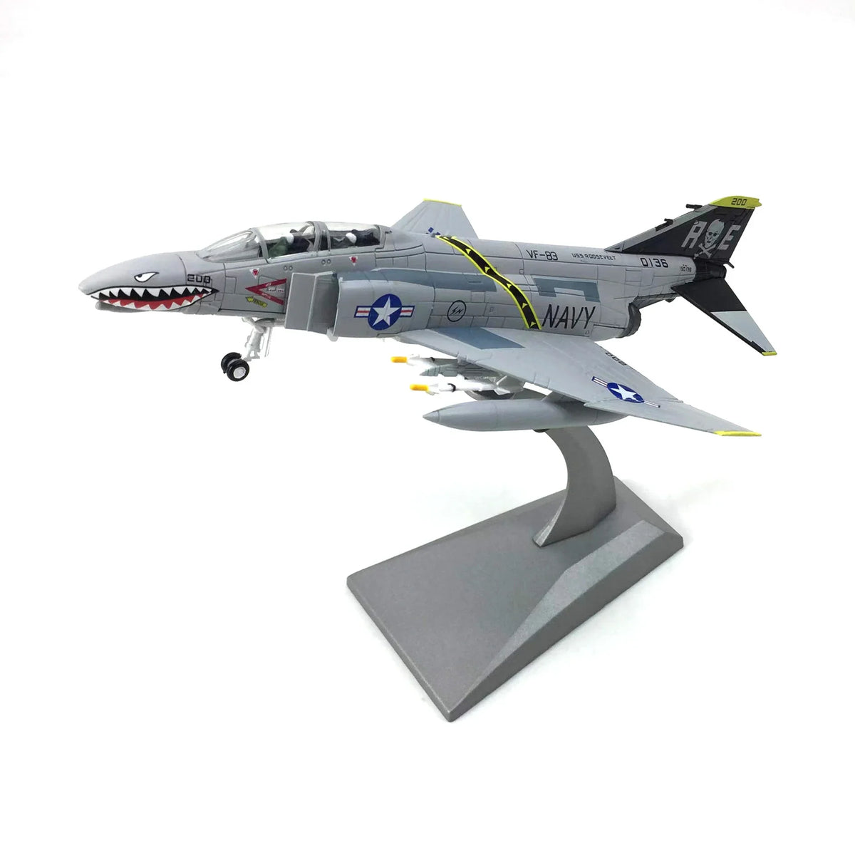 NUOTIE Model F-4C Phantom II navy diecast aircraft model with stand, front view.