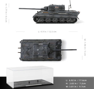 Top and side views of the WWII German Jagdtiger tank destroyer with size dimensions and display case shown.