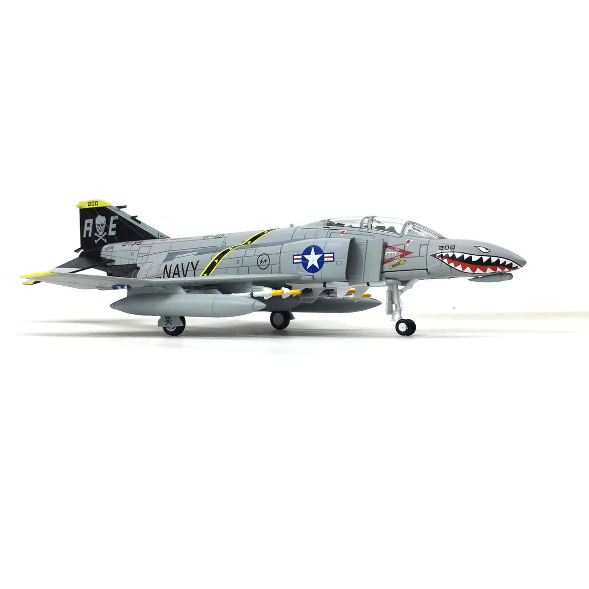 NUOTIE Model F-4C Phantom II navy diecast aircraft model with stand, side profile view.