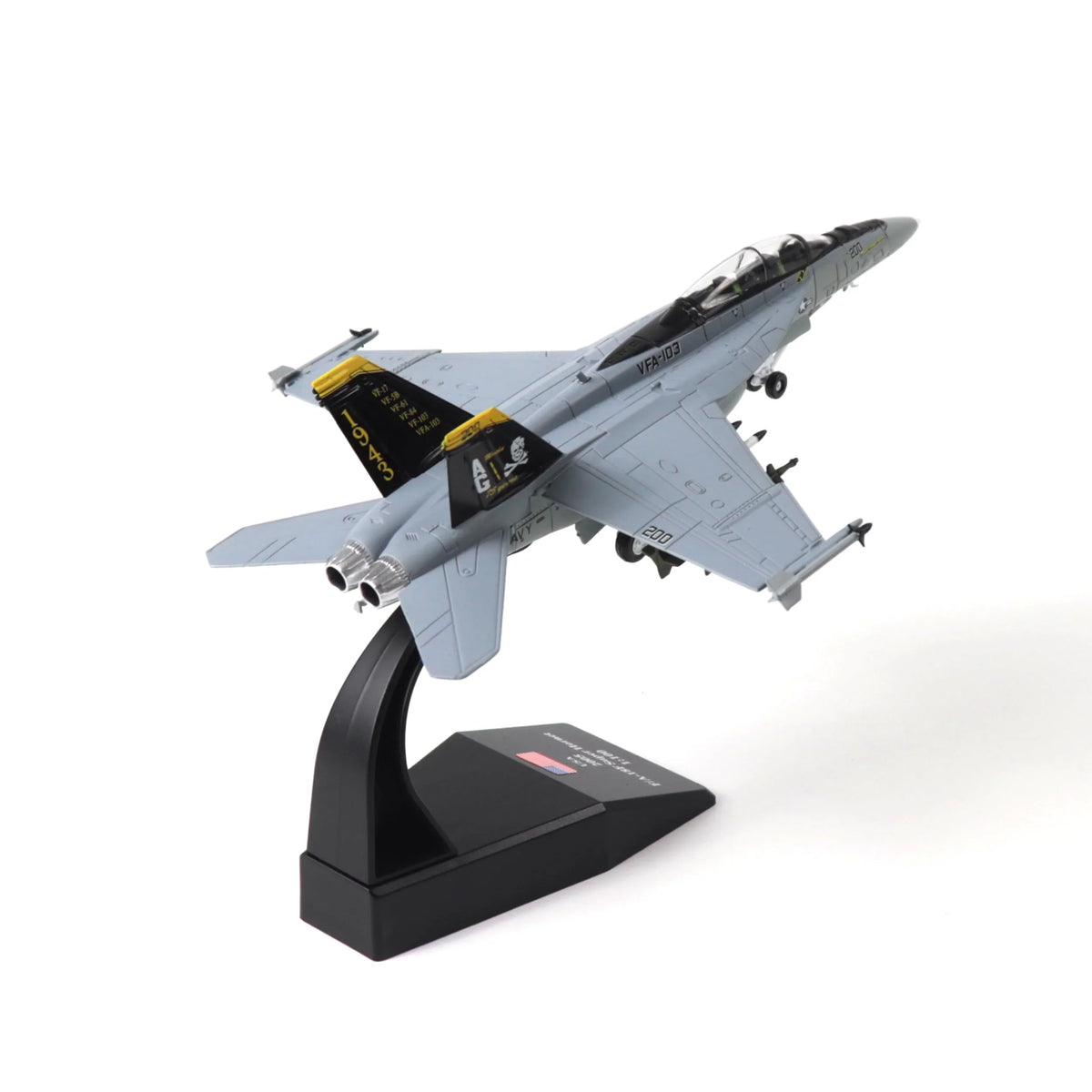 NUOTIE 1/100 F/A-18 Super Hornet model in navy, black, and white with stand, side view