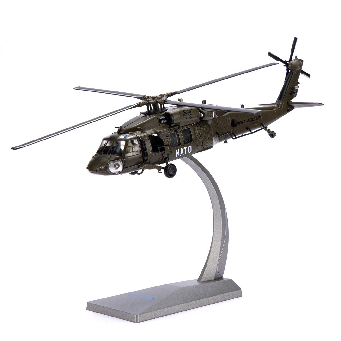 NUOTIE Model Sikorsky UH-60 Black Hawk diecast metal model in black and navy with stand, front view