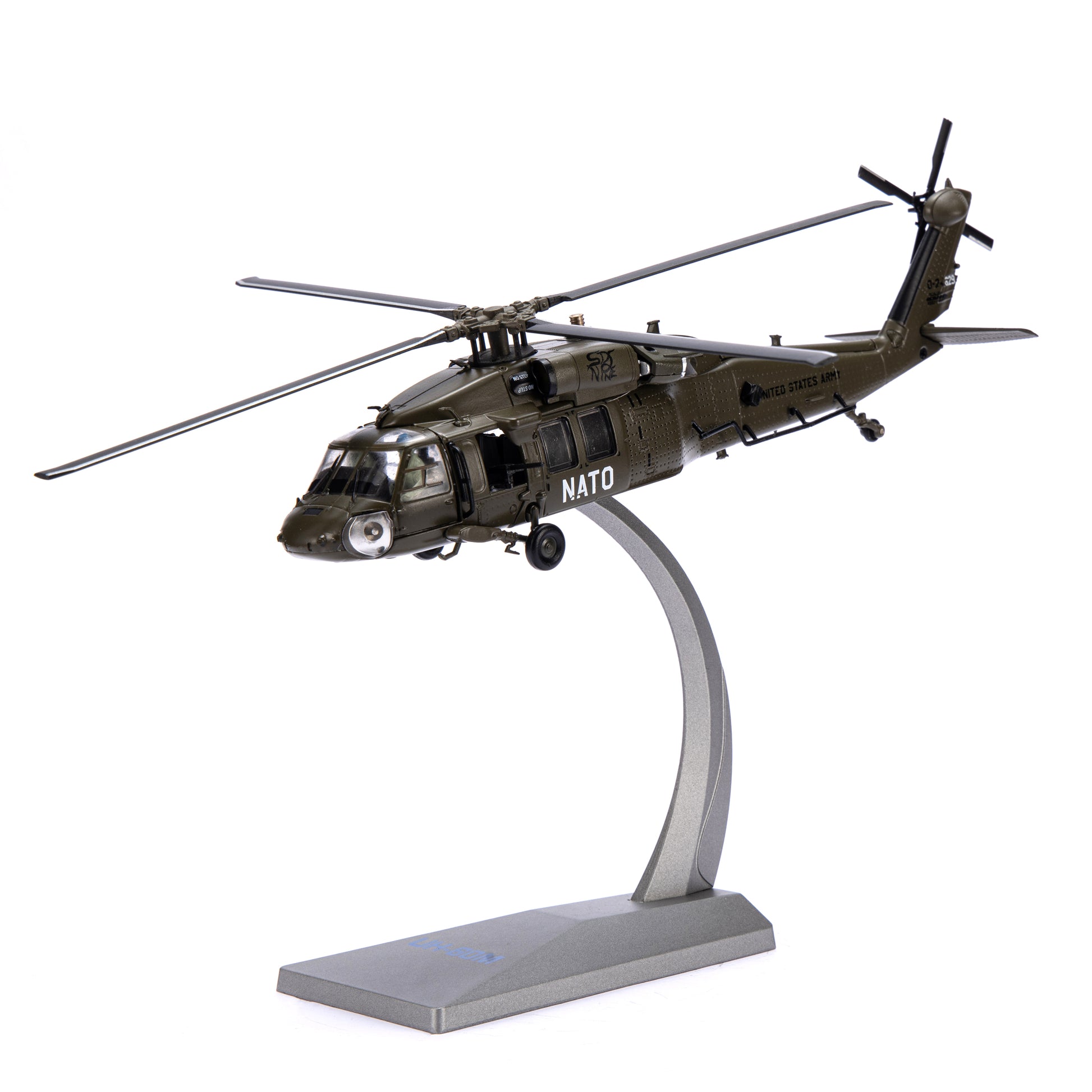 NUOTIE Model Sikorsky UH-60 Black Hawk diecast metal model in black and navy with stand, front view