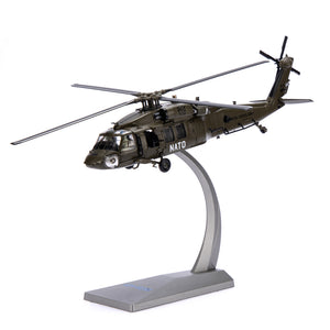 NUOTIE Model Sikorsky UH-60 Black Hawk diecast metal model in black and navy with stand, front view