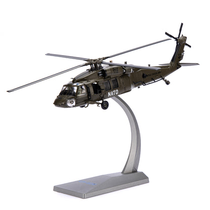 NUOTIE Model Sikorsky UH-60 Black Hawk diecast metal model in black and navy with stand, front view