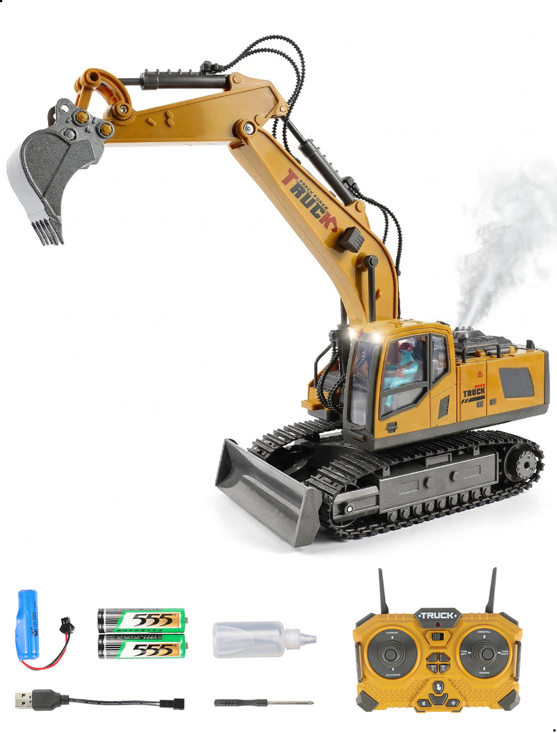 13-Ch RC Excavator with 4 Batteries, Alloy Metal Construction Toy for Boys, Remote Control Vehicle with Water Spray & So