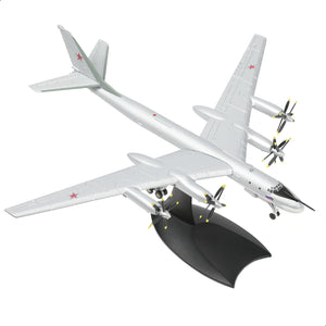 NUOTIE Model Tupolev TU-95 Bear Bomber aircraft model in silver with stand, top view