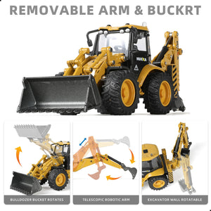 Excavator Backhoe Toys, 1/50 Metal Die-cast Excavator Front Loader Bulldozer Construction Vehicle Model Decoration Toy Gift for Boys -Yellow