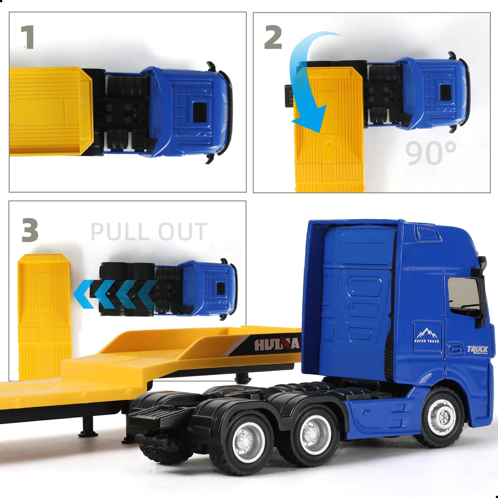 1/50 Diecast Semi Truck and Trailer Model - Alloy Metal Excavator Set - Blue Collectible