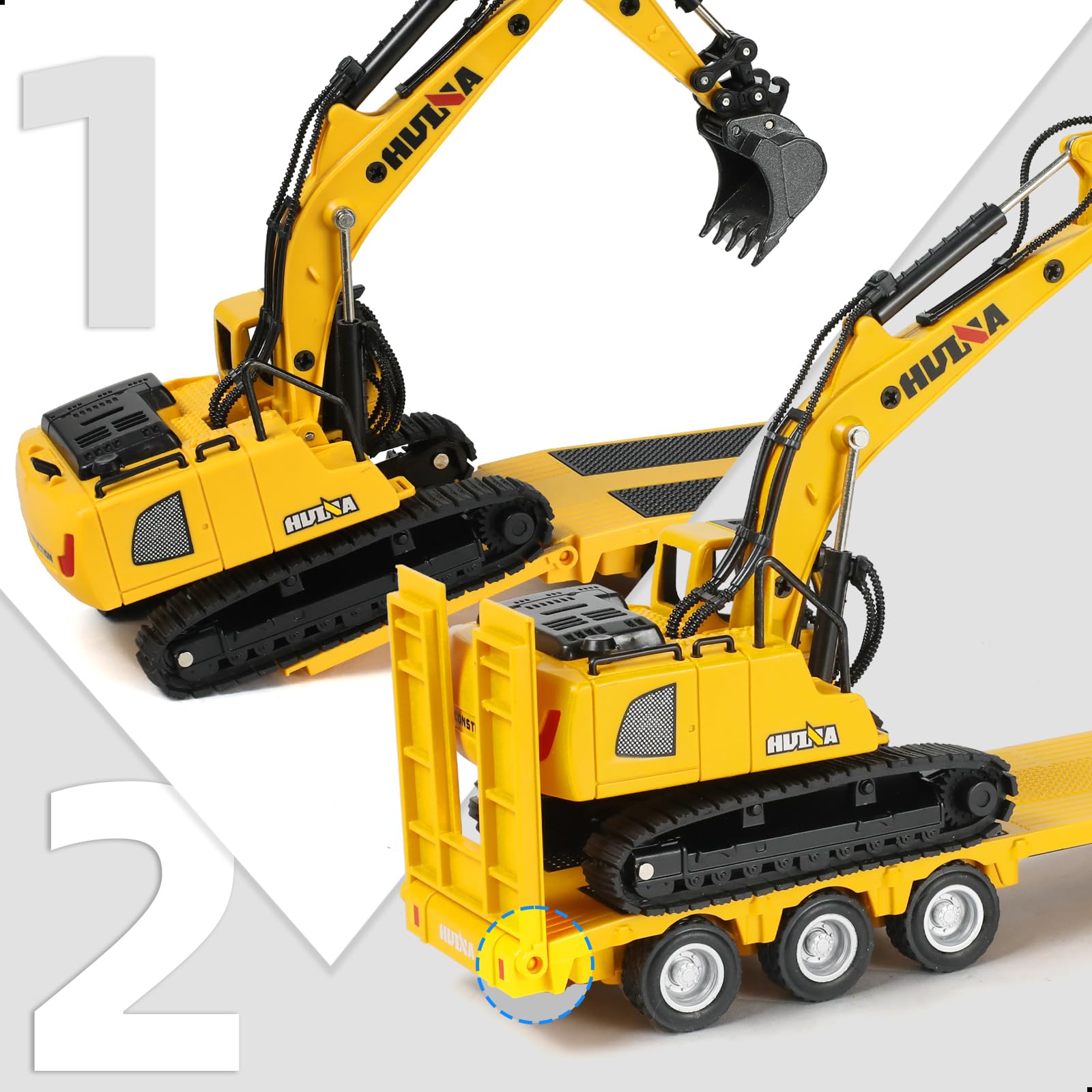 1/50 Diecast Semi Truck and Trailer Model - Alloy Metal Excavator Set - Blue Collectible