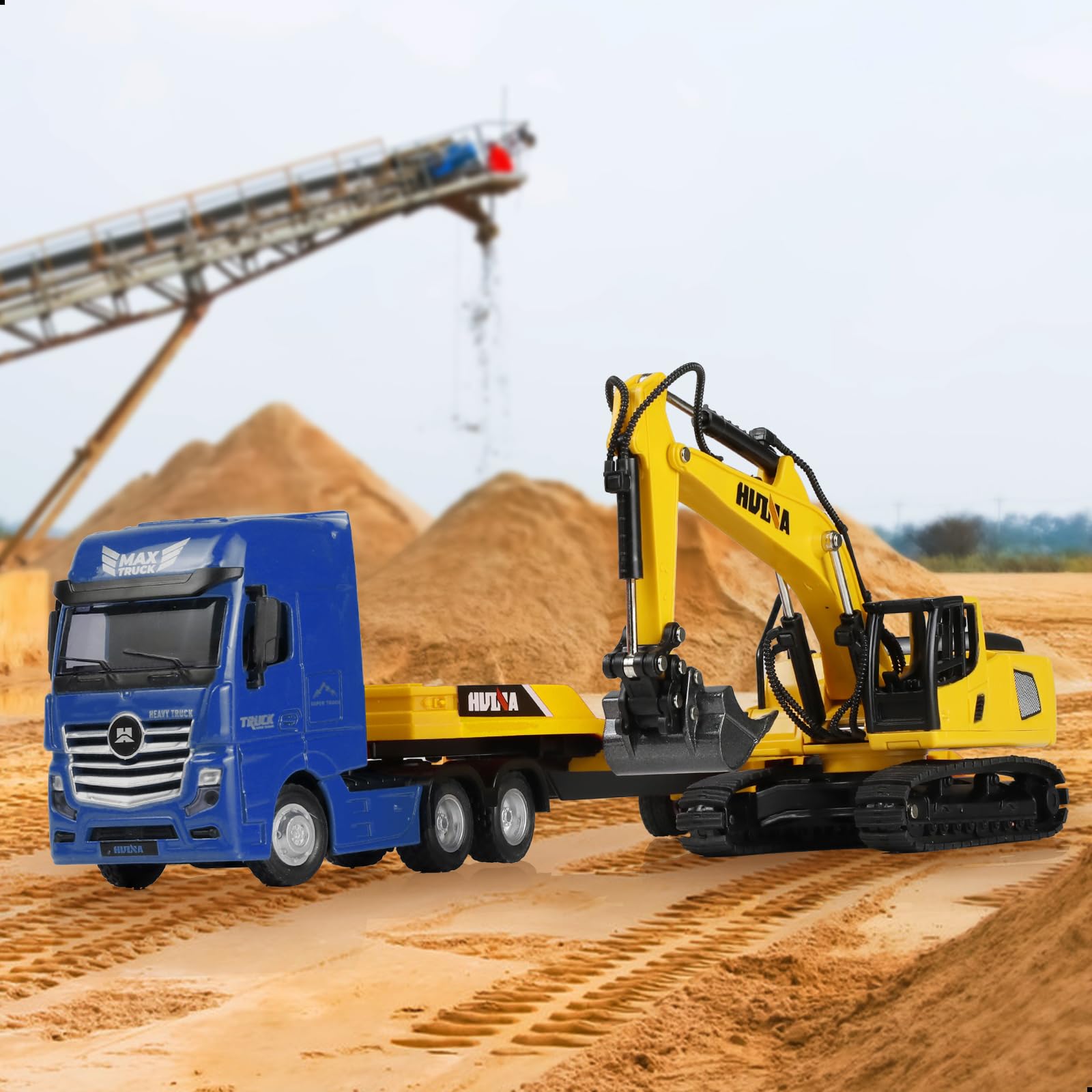 1/50 Diecast Semi Truck and Trailer Model - Alloy Metal Excavator Set - Blue Collectible