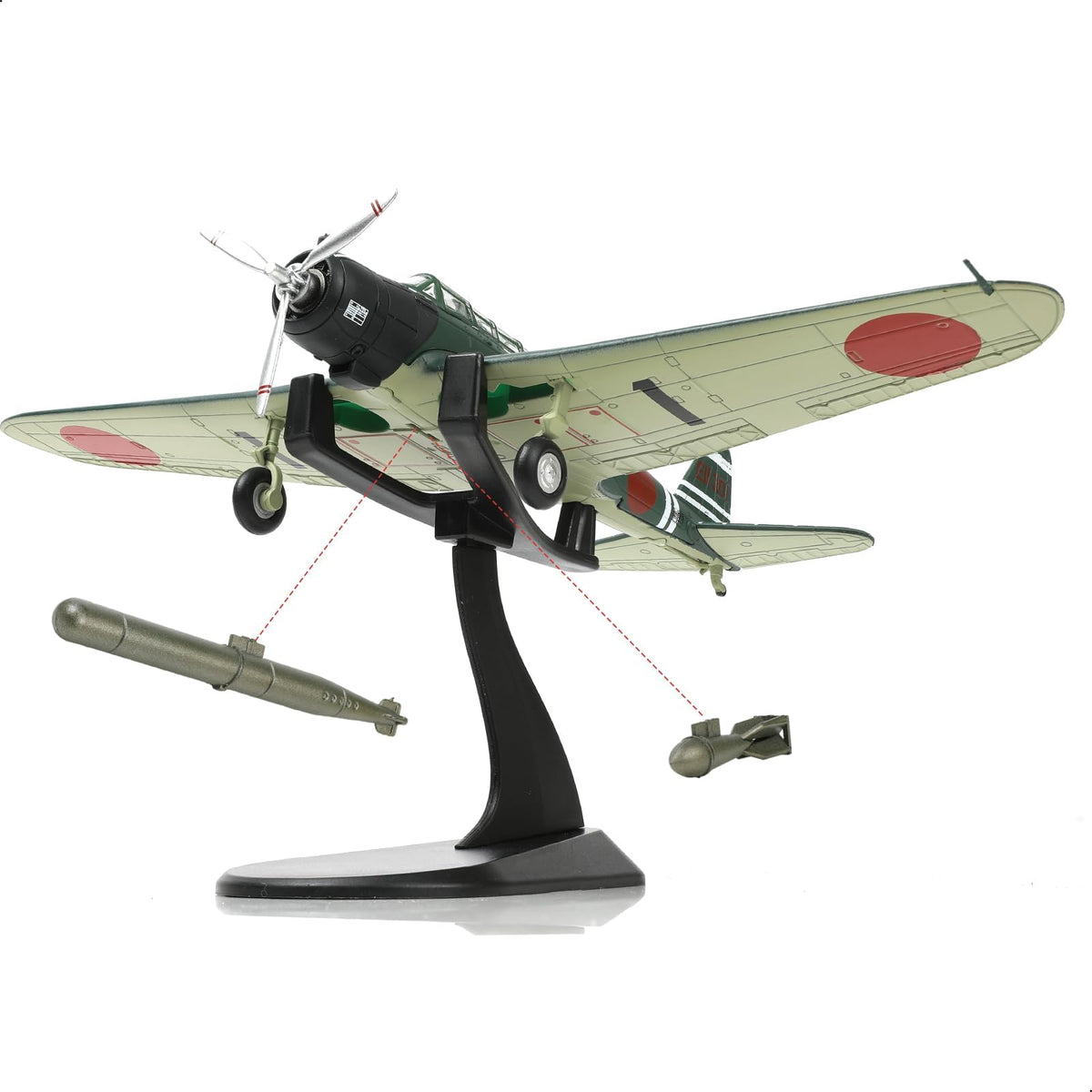 NUOTIE Type 97 naval attack aircraft model in navy with bombs, front view on display stand